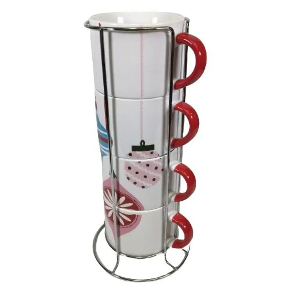 Pier 1 One Stacking Stackable Mugs Cups Set of 4 Christmas Ornaments Rack Stand